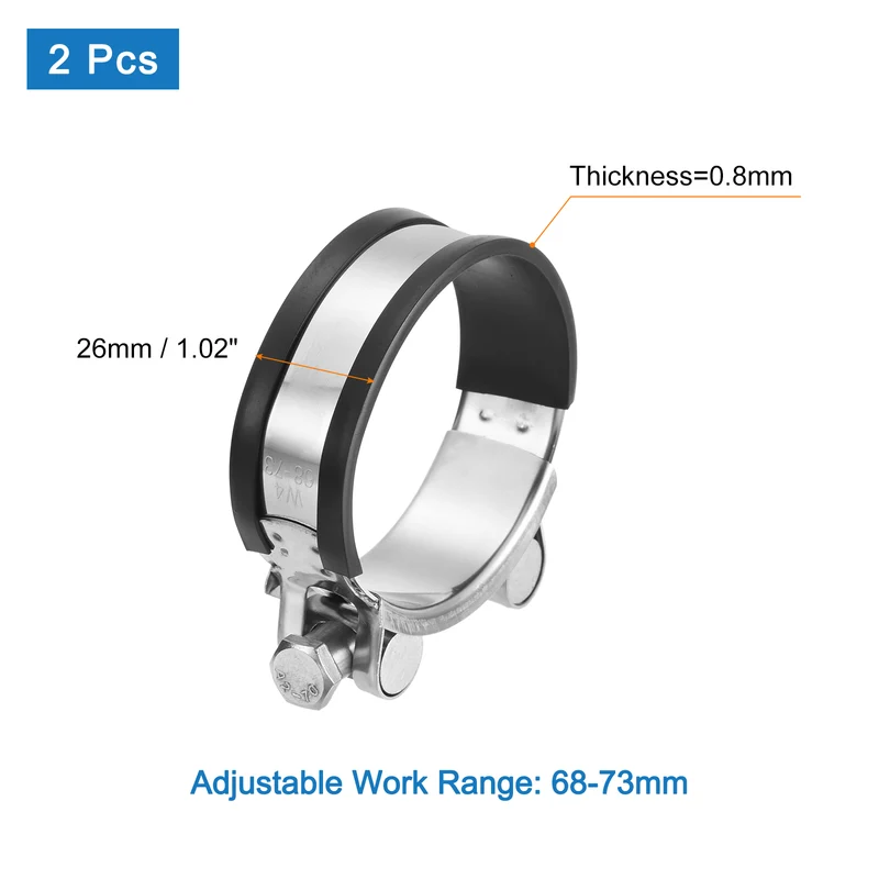 T-Bolt Hose Clamp, 68-73mm Adjustable Stainless Steel Pipe Clamps, 2Pcs