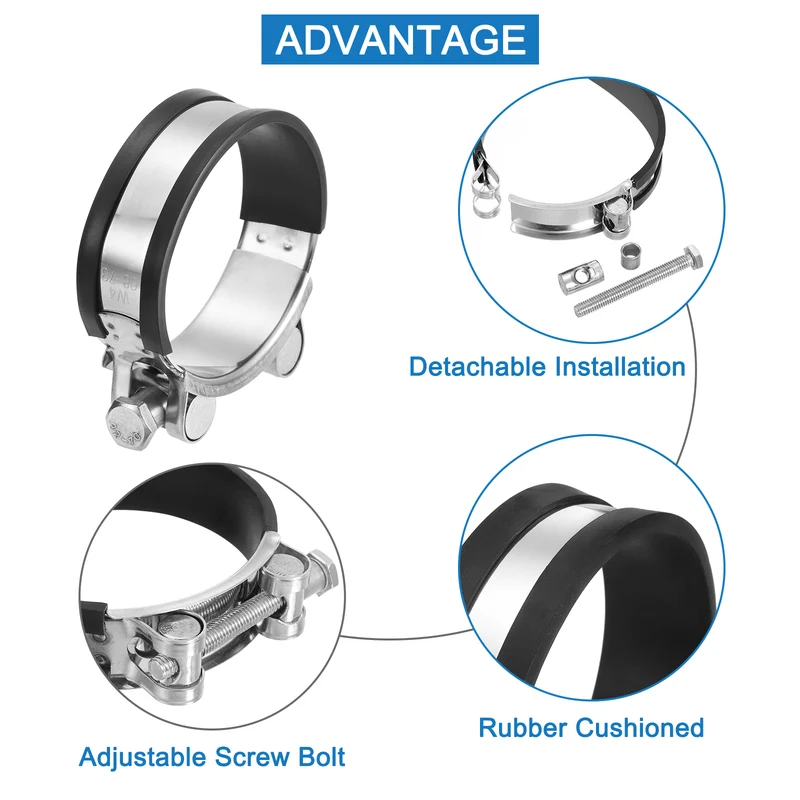 T-Bolt Hose Clamp, 68-73mm Adjustable Stainless Steel Pipe Clamps, 2Pcs