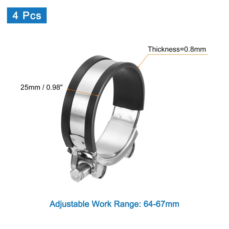 T-Bolt Hose Clamp, 64-67mm Adjustable Stainless Steel Pipe Clamps, 4Pcs