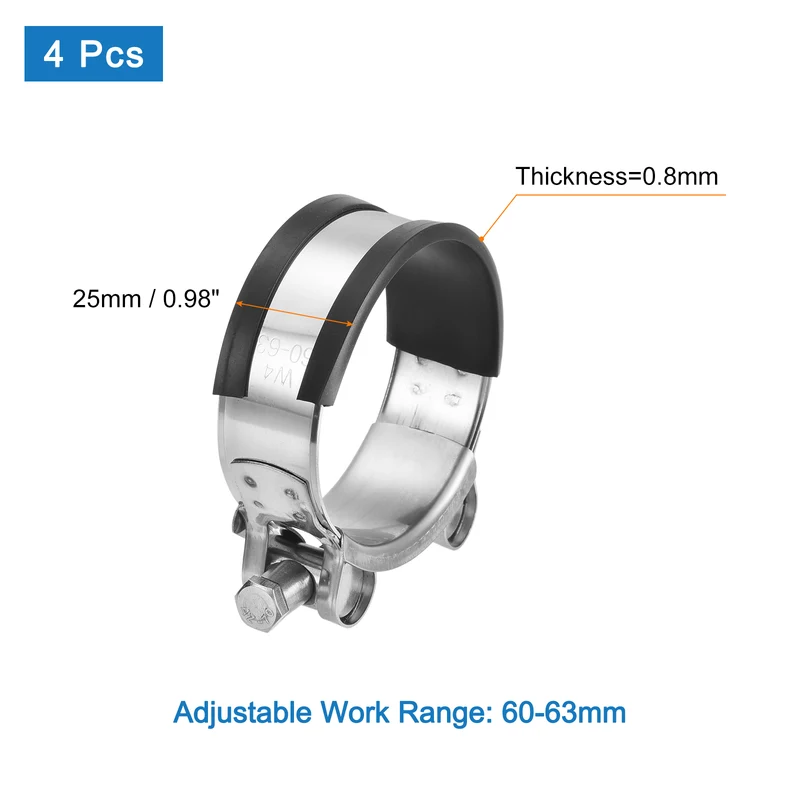 T-Bolt Hose Clamp, 60-63mm Adjustable Stainless Steel Pipe Clamps, 4Pcs