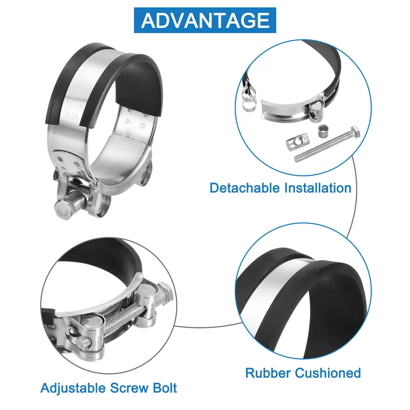 T-Bolt Hose Clamp, 60-63mm Adjustable Stainless Steel Pipe Clamps, 4Pcs