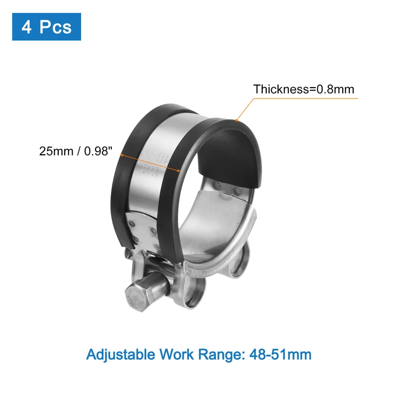 T-Bolt Hose Clamp, 48-51mm Adjustable Stainless Steel Pipe Clamps, 4Pcs