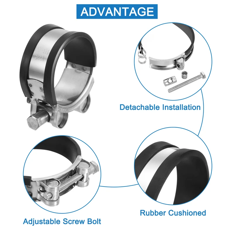T-Bolt Hose Clamp, 48-51mm Adjustable Stainless Steel Pipe Clamps, 4Pcs