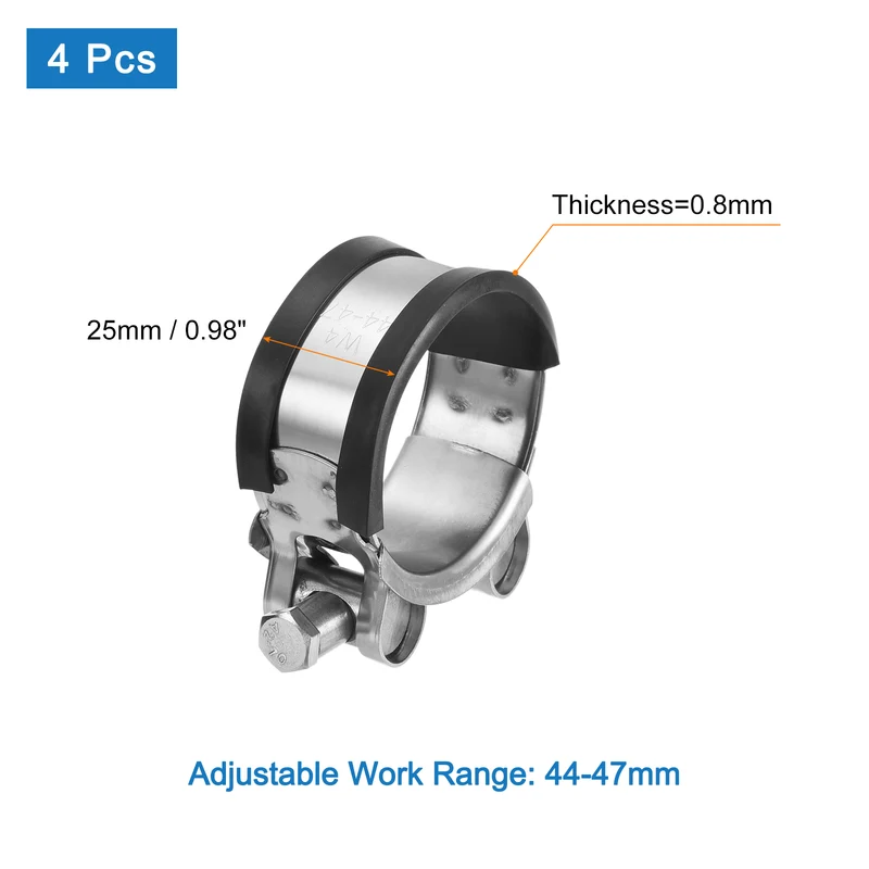 T-Bolt Hose Clamp, 44-47mm Adjustable Stainless Steel Pipe Clamps, 4Pcs