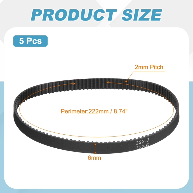 222mm GT-2 Timing Belt, 5pcs 6mm Width 2mm Pitch 3D Printing Closed Loop, Black