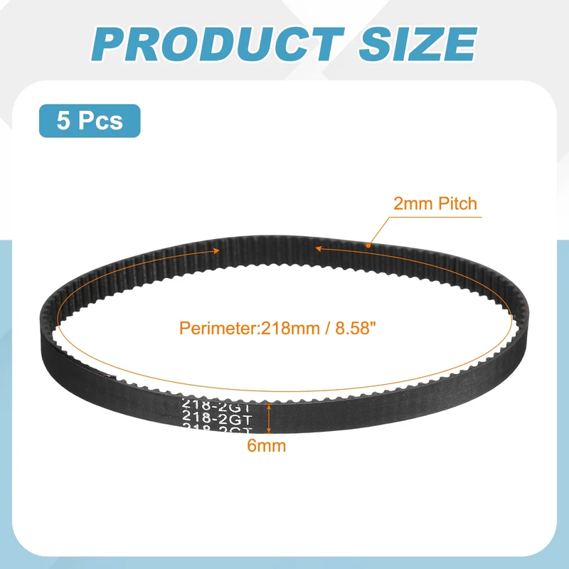 218mm GT-2 Timing Belt, 5pcs 6mm Width 2mm Pitch 3D Printing Closed Loop, Black