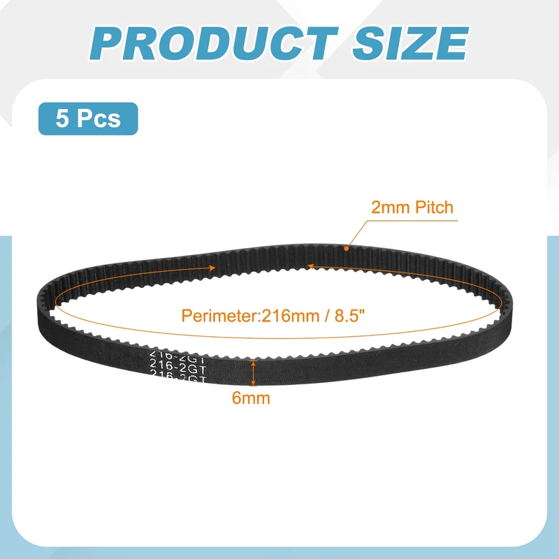 216mm GT-2 Timing Belt, 5pcs 6mm Width 2mm Pitch 3D Printing Closed Loop, Black