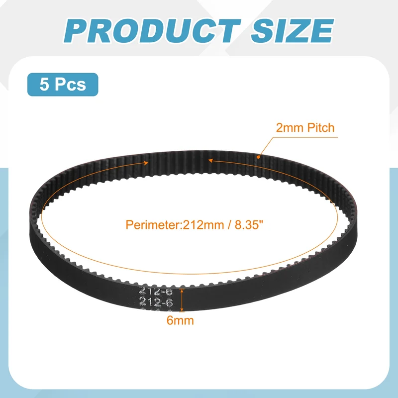 212mm GT-2 Timing Belt, 5pcs 6mm Width 2mm Pitch 3D Printing Closed Loop, Black