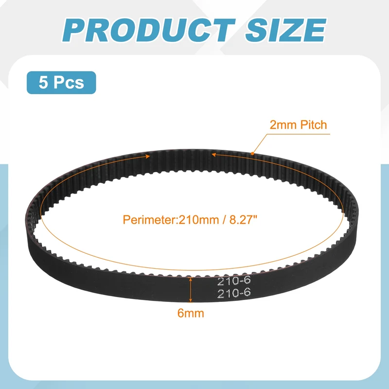 210mm GT-2 Timing Belt, 5pcs 6mm Width 2mm Pitch 3D Printing Closed Loop, Black