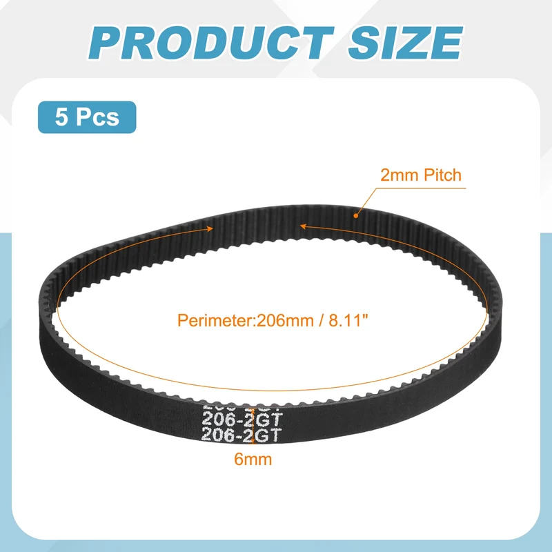206mm GT-2 Timing Belt, 5pcs 6mm Width 2mm Pitch 3D Printing Closed Loop, Black