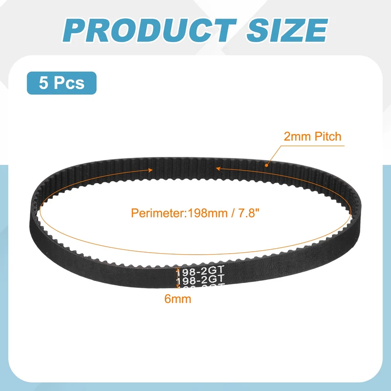 198mm GT-2 Timing Belt, 5pcs 6mm Width 2mm Pitch 3D Printing Closed Loop, Black