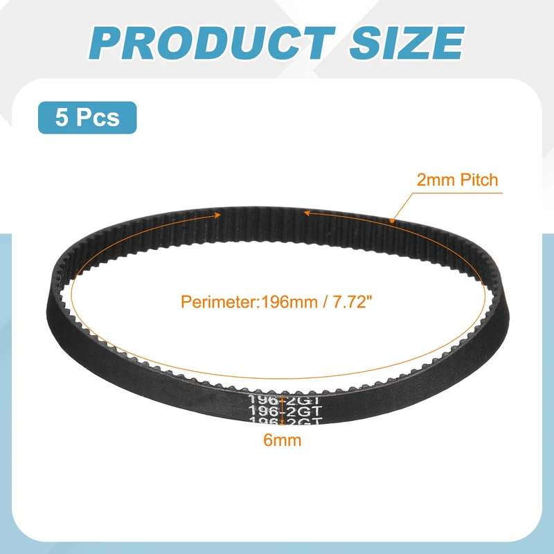 196mm GT-2 Timing Belt, 5pcs 6mm Width 2mm Pitch 3D Printing Closed Loop, Black