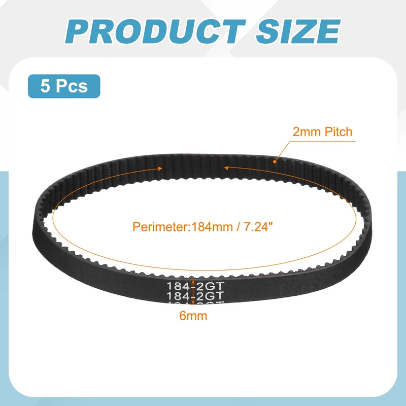 184mm GT-2 Timing Belt, 5pcs 6mm Width 2mm Pitch 3D Printing Closed Loop, Black