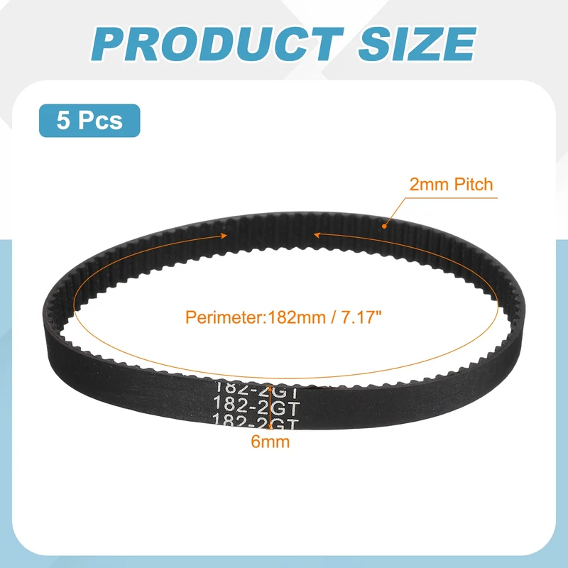 182mm GT-2 Timing Belt, 5pcs 6mm Width 2mm Pitch 3D Printing Closed Loop, Black