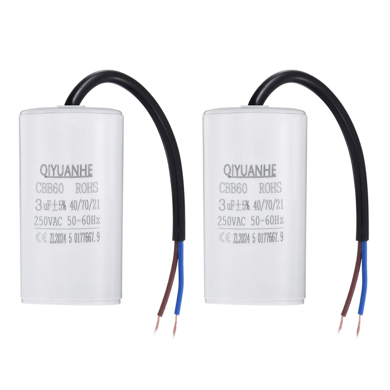 2Pcs CBB60 3uf Running Capacitor 250VAC 50/60Hz 66x35mm