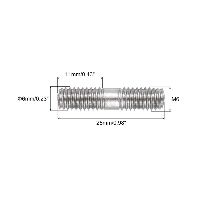304 Stainless Steel Push Rod Double End Threaded Rod M6x25mm, Pack of 2