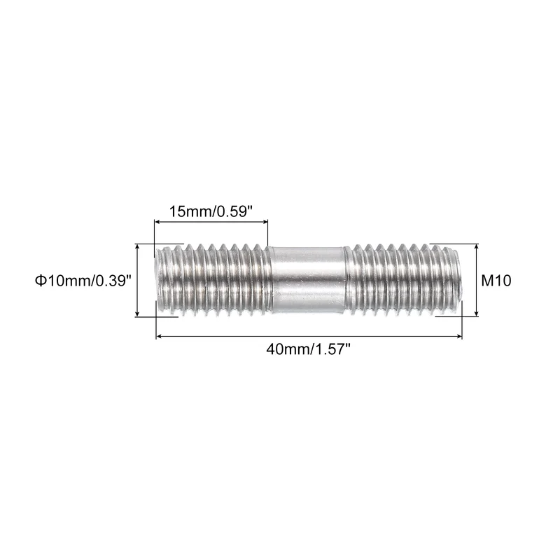 304 Stainless Steel Push Rod Double End Threaded Rod M10x40mm, Pack of 12