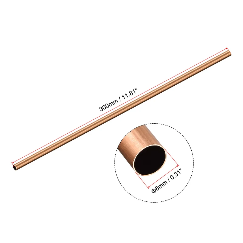 Copper Round Tube 8mm OD 0.25mm Wall Thickness 300mm Length Pipe Tubing