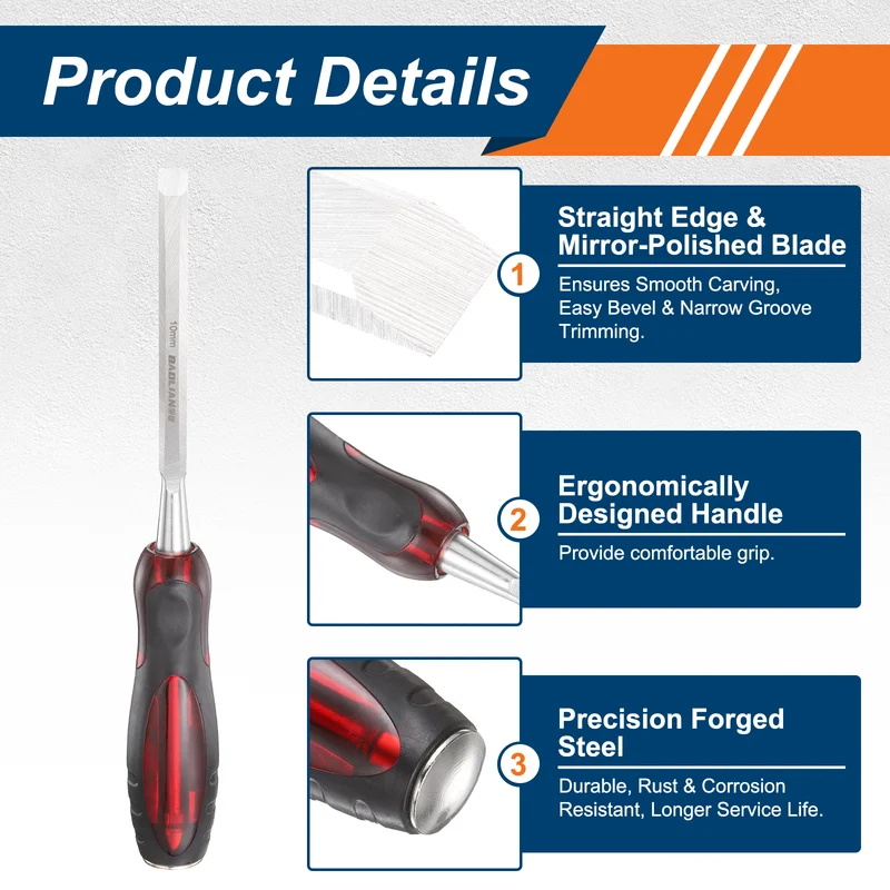 Wood Chisel 3/8" CR-V Steel Beveled Edge Blade with TPR Handle