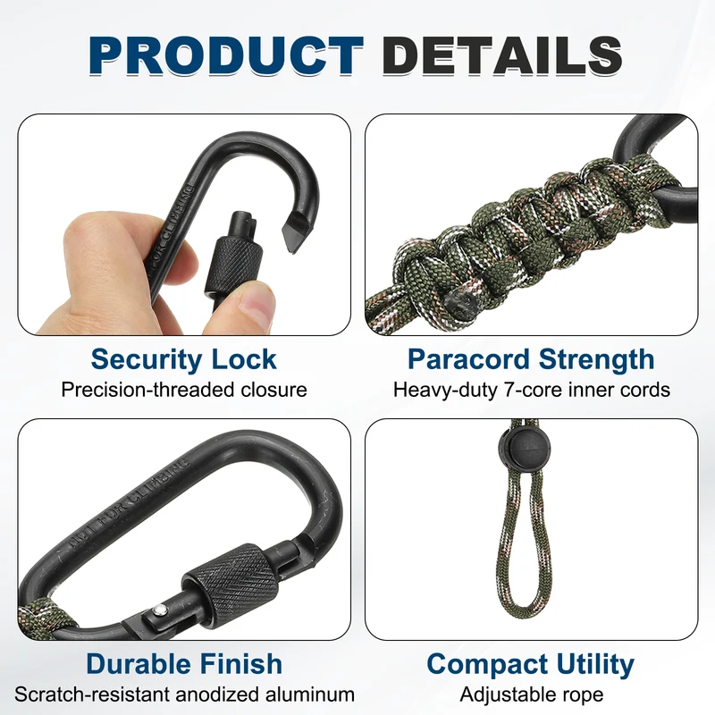 2 Pcs Paracord Keychain Carabiner Clip D Ring Hook, Army Green Camouflage