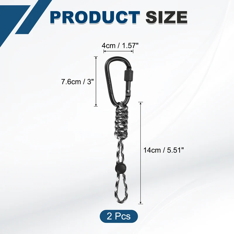 2 Pcs Paracord Keychain Carabiner Clip D Ring Hook, Black White Camouflage