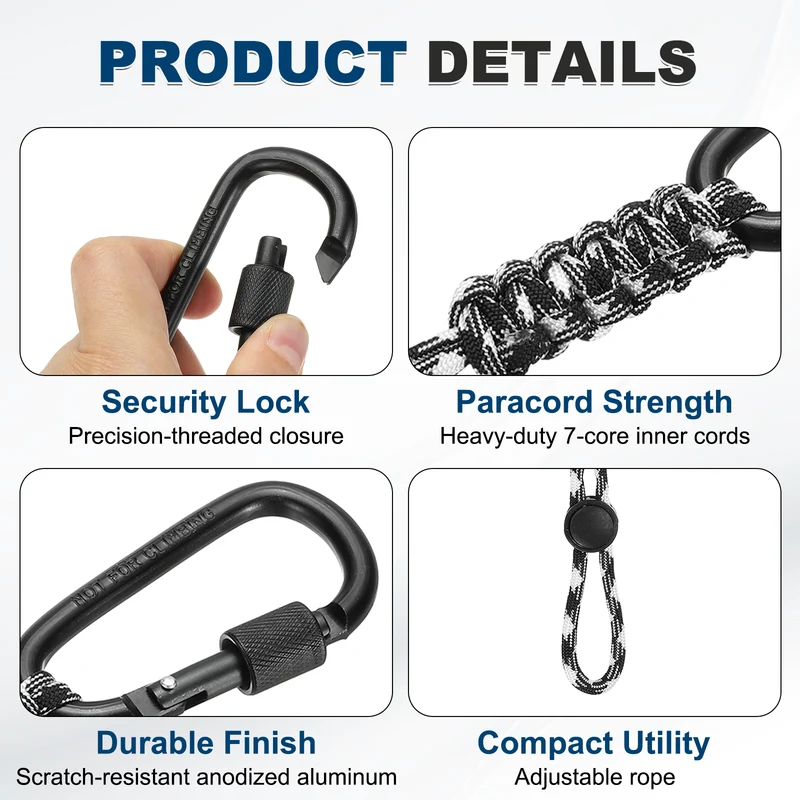 2 Pcs Paracord Keychain Carabiner Clip D Ring Hook, Black White Camouflage