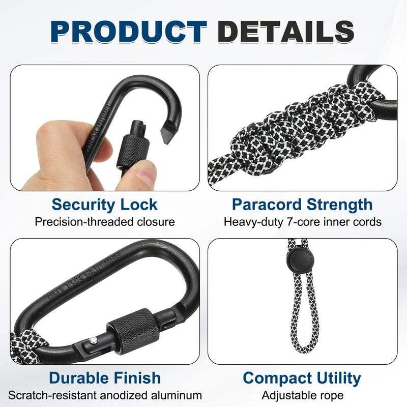 2 Pcs Paracord Keychain Carabiner Clip D Ring Hook, Black Checkered Camouflage