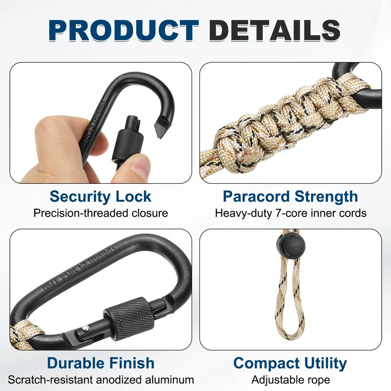 2 Pcs Paracord Keychain Carabiner Clip D Ring Hook, Desert Camouflage