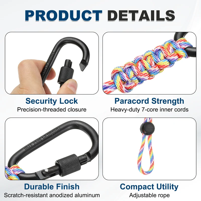 2 Pcs Paracord Keychain Carabiner Clip D Ring Hook, Rainbow Camouflage