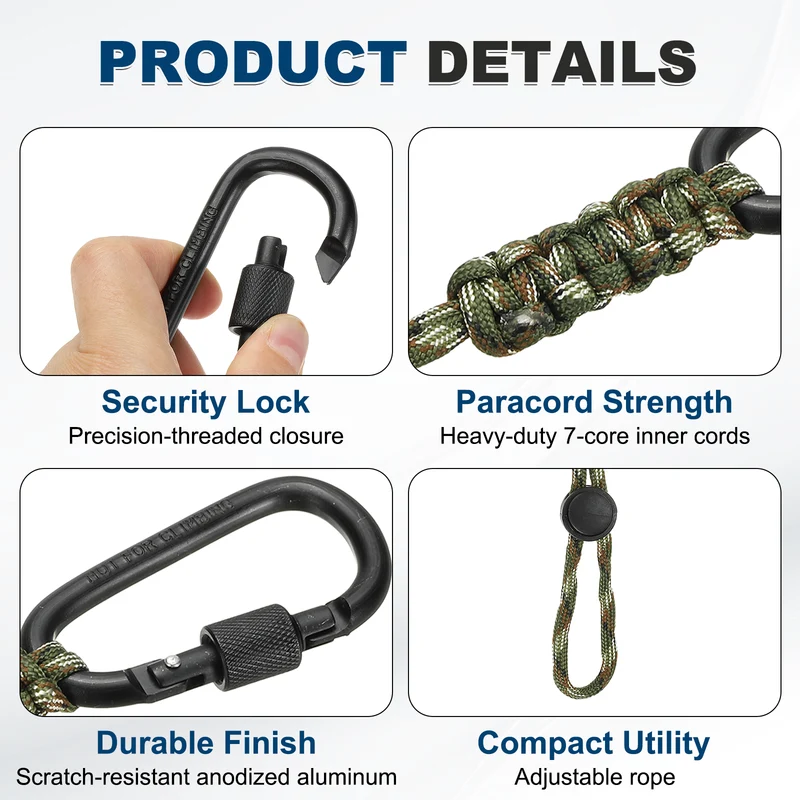 2 Pcs Paracord Keychain Carabiner Clip D Ring Hook, Army Green Brown Camouflage