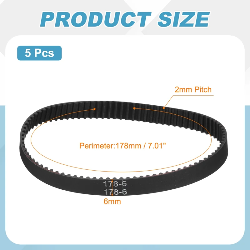 178mm GT-2 Timing Belt, 5pcs 6mm Width 2mm Pitch 3D Printing Closed Loop, Black