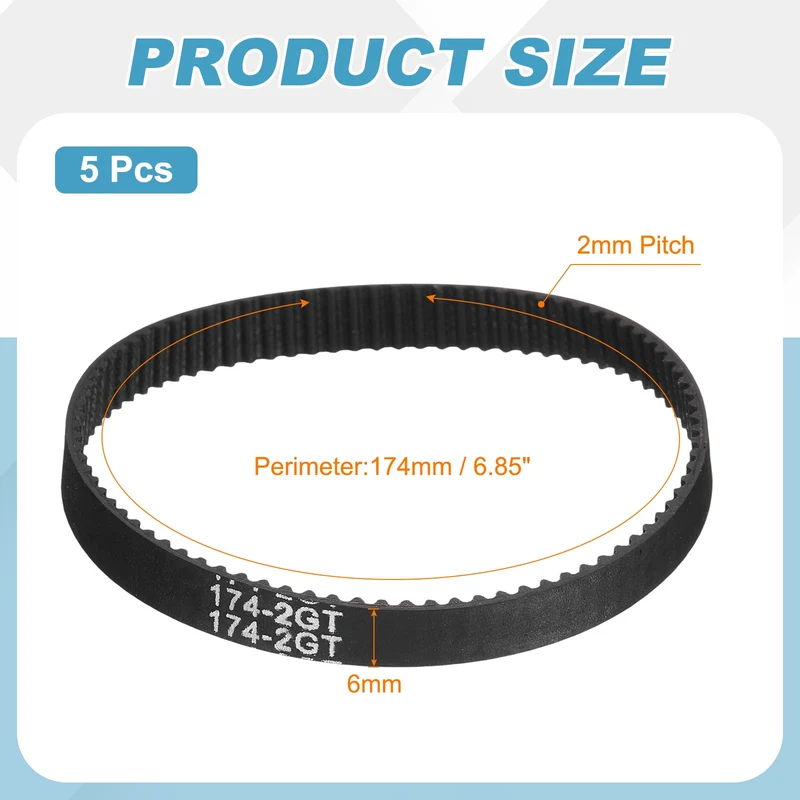 174mm GT-2 Timing Belt, 5pcs 6mm Width 2mm Pitch 3D Printing Closed Loop, Black