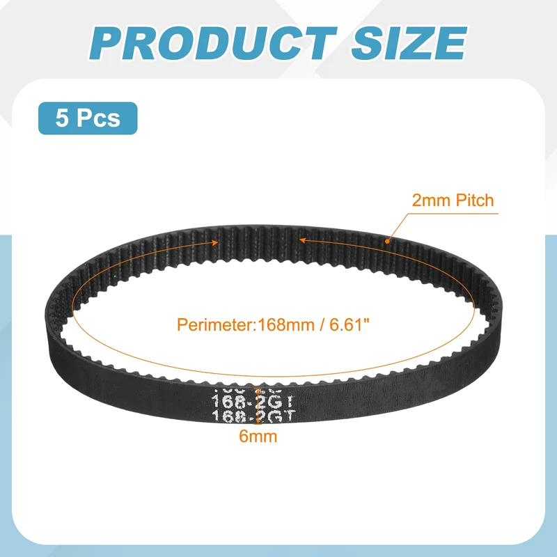 168mm GT-2 Timing Belt, 5pcs 6mm Width 2mm Pitch 3D Printing Closed Loop, Black