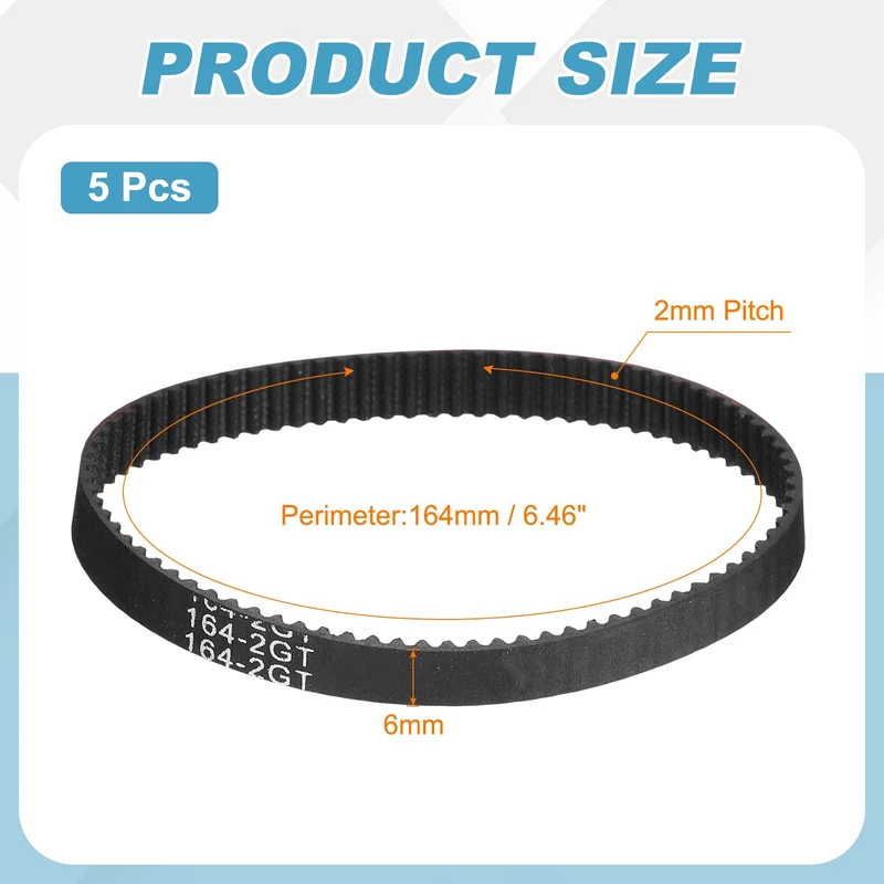 164mm GT-2 Timing Belt, 5pcs 6mm Width 2mm Pitch 3D Printing Closed Loop, Black