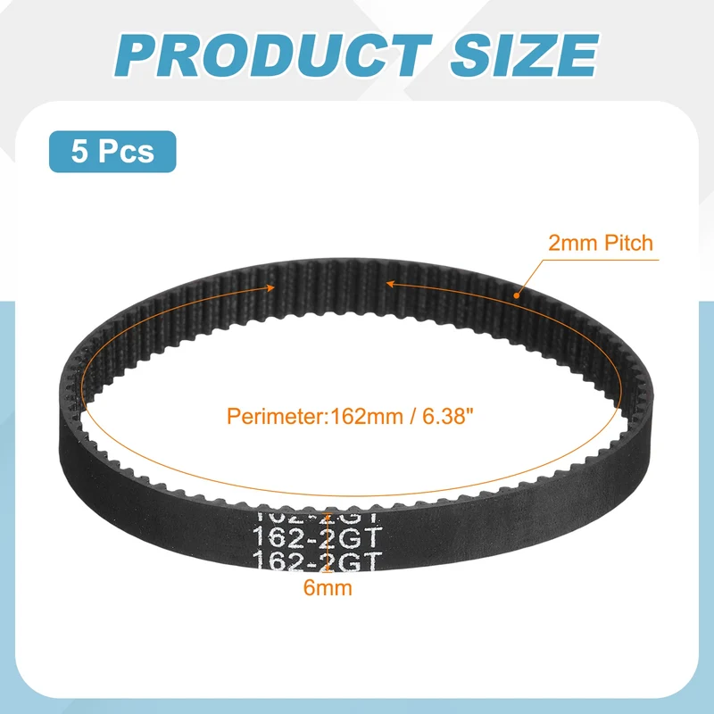 162mm GT-2 Timing Belt, 5pcs 6mm Width 2mm Pitch 3D Printing Closed Loop, Black