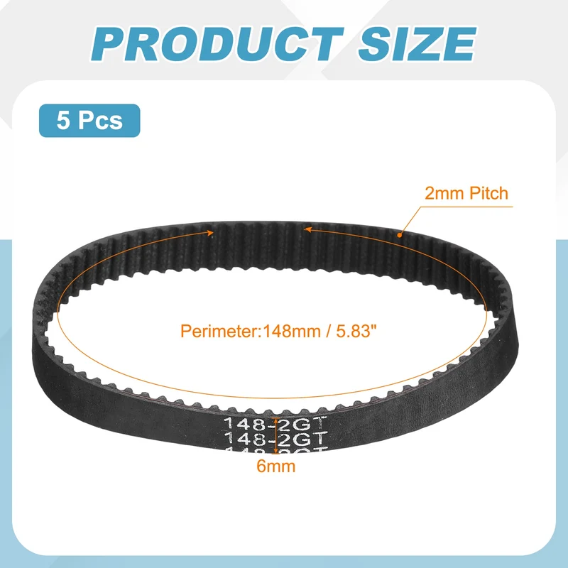 148mm GT-2 Timing Belt, 5pcs 6mm Width 2mm Pitch 3D Printing Closed Loop, Black