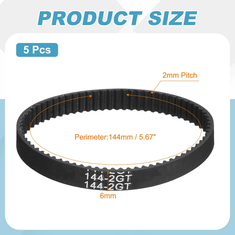 144mm GT-2 Timing Belt, 5pcs 6mm Width 2mm Pitch 3D Printing Closed Loop, Black