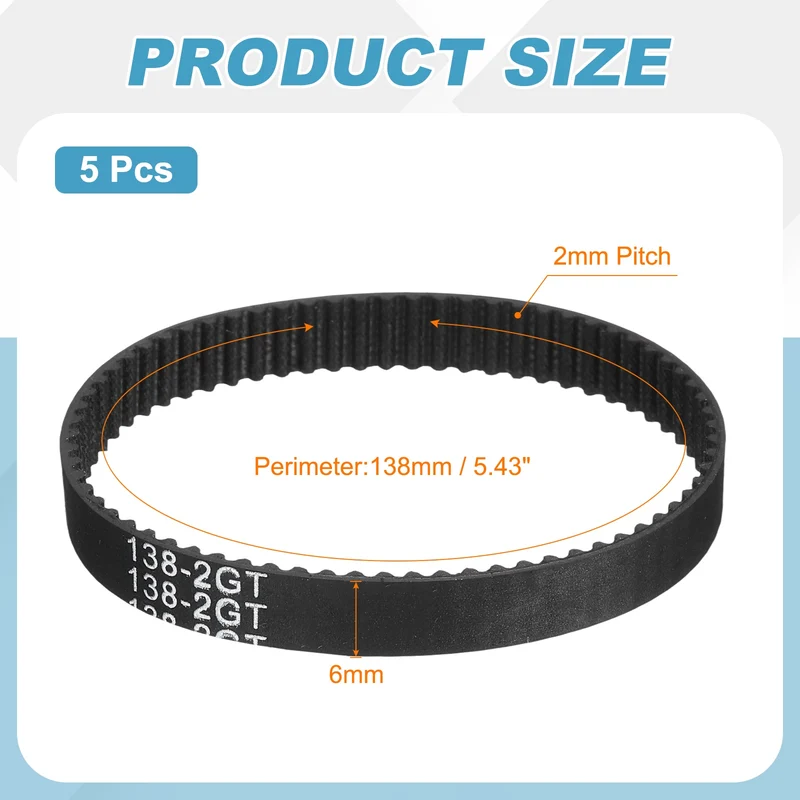 138mm GT-2 Timing Belt, 5pcs 6mm Width 2mm Pitch 3D Printing Closed Loop, Black