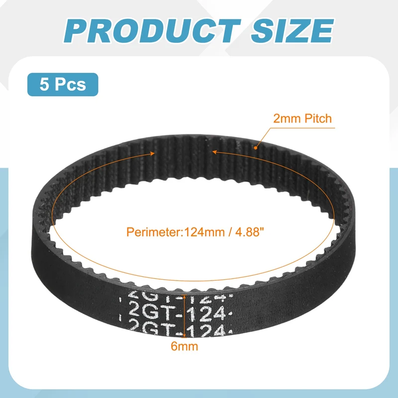 124mm GT-2 Timing Belt, 5pcs 6mm Width 2mm Pitch 3D Printing Closed Loop, Black