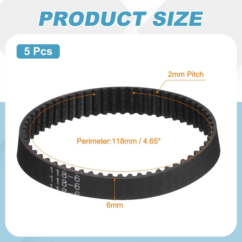 118mm GT-2 Timing Belt, 5pcs 6mm Width 2mm Pitch 3D Printing Closed Loop, Black