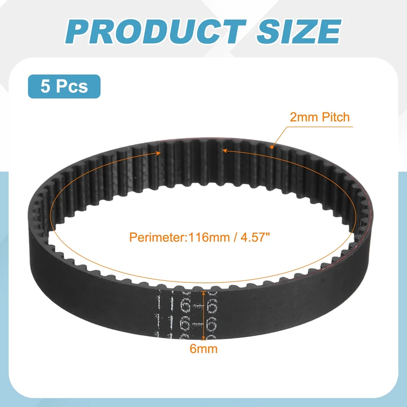 116mm GT-2 Timing Belt, 5pcs 6mm Width 2mm Pitch 3D Printing Closed Loop, Black
