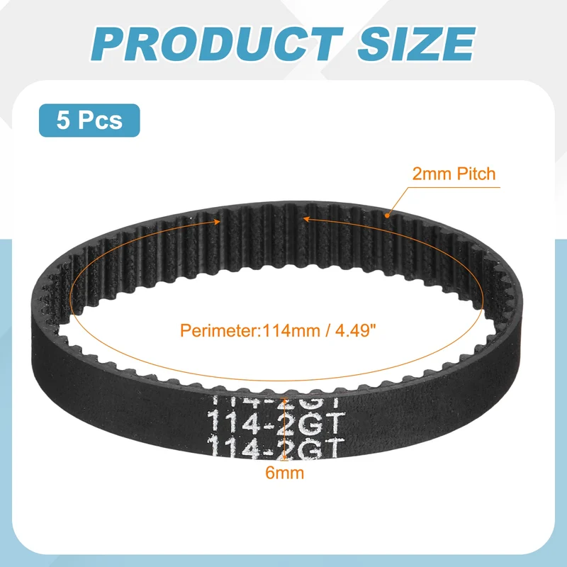 114mm GT-2 Timing Belt, 5pcs 6mm Width 2mm Pitch 3D Printing Closed Loop, Black