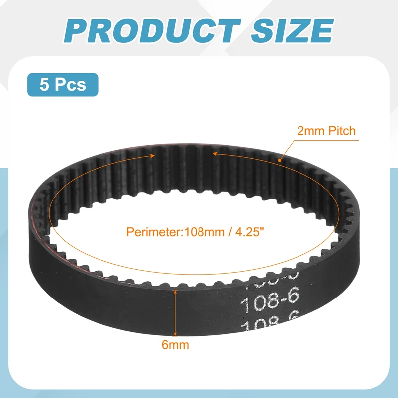108mm GT-2 Timing Belt, 5pcs 6mm Width 2mm Pitch 3D Printing Closed Loop, Black
