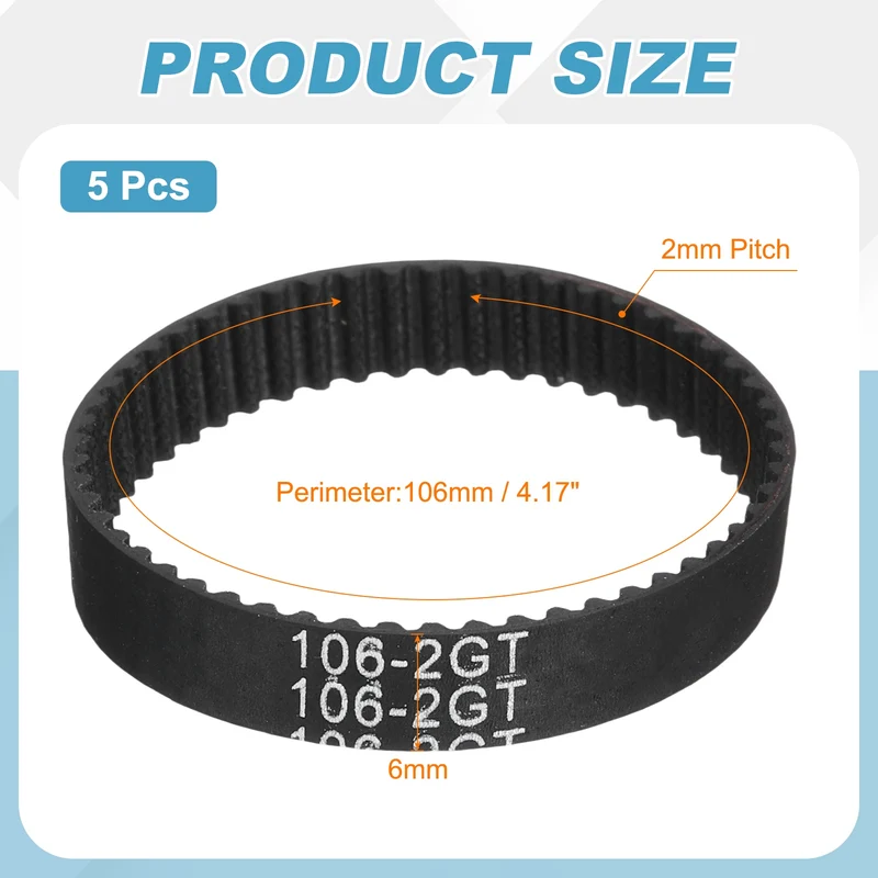 106mm GT-2 Timing Belt, 5pcs 6mm Width 2mm Pitch 3D Printing Closed Loop, Black
