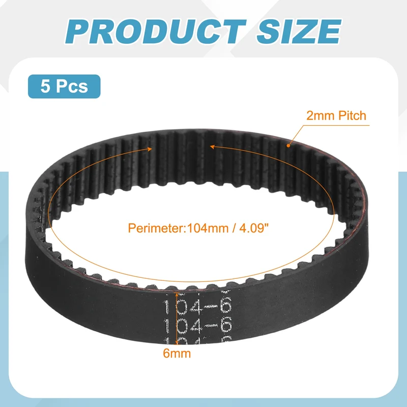 104mm GT-2 Timing Belt, 5pcs 6mm Width 2mm Pitch 3D Printing Closed Loop, Black