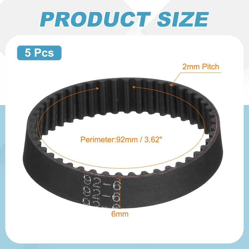 92mm GT-2 Timing Belt, 5pcs 6mm Width 2mm Pitch 3D Printing Closed Loop, Black
