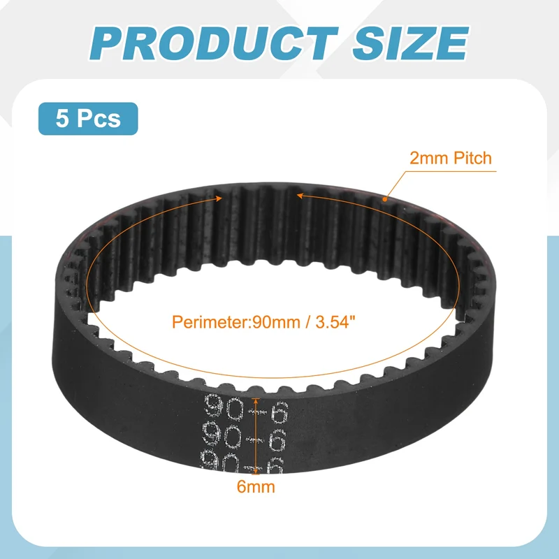90mm GT-2 Timing Belt, 5pcs 6mm Width 2mm Pitch 3D Printing Closed Loop, Black