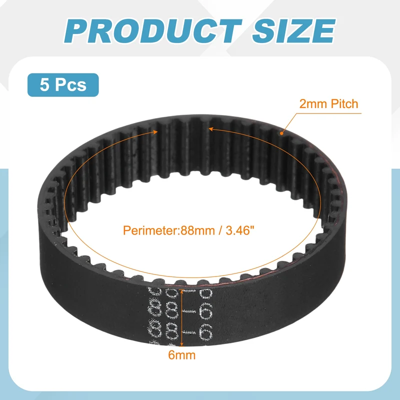 88mm GT-2 Timing Belt, 5pcs 6mm Width 2mm Pitch 3D Printing Closed Loop, Black