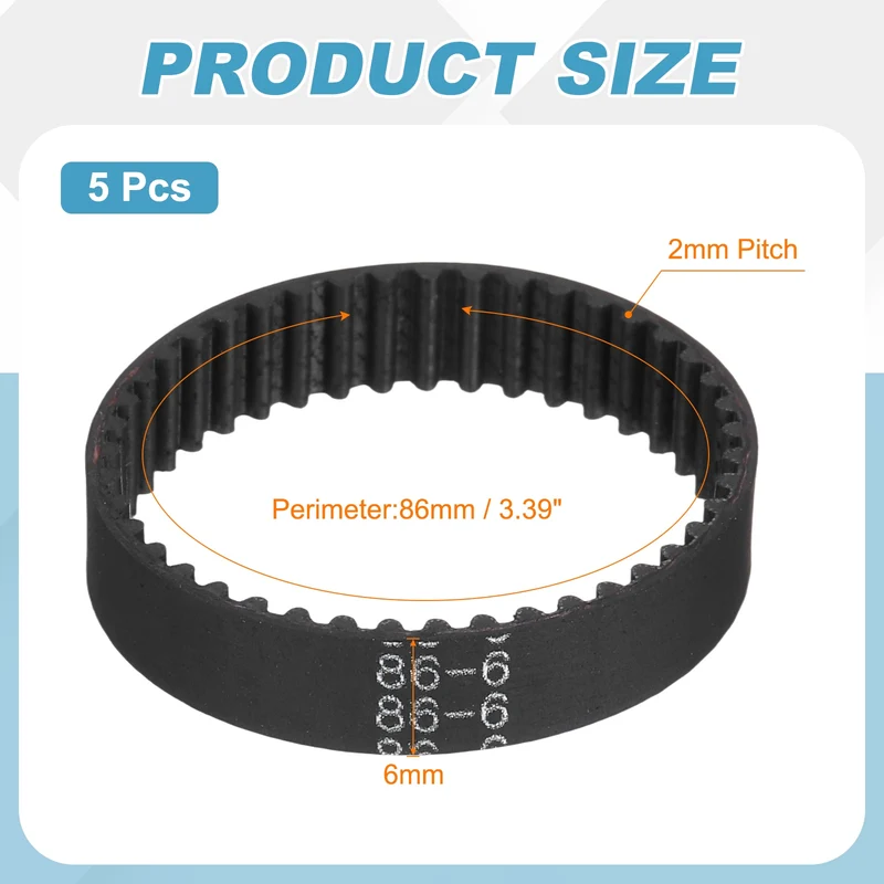 86mm GT-2 Timing Belt, 5pcs 6mm Width 2mm Pitch 3D Printing Closed Loop, Black