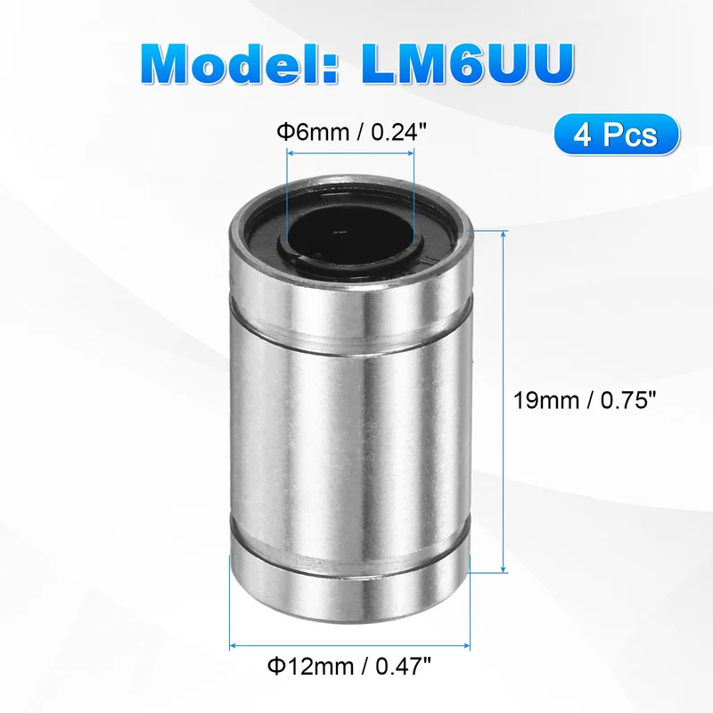 4Pcs LM6UU Linear Ball Bearings 6mm Bore Dia 12mm OD 19mm Length for Machine